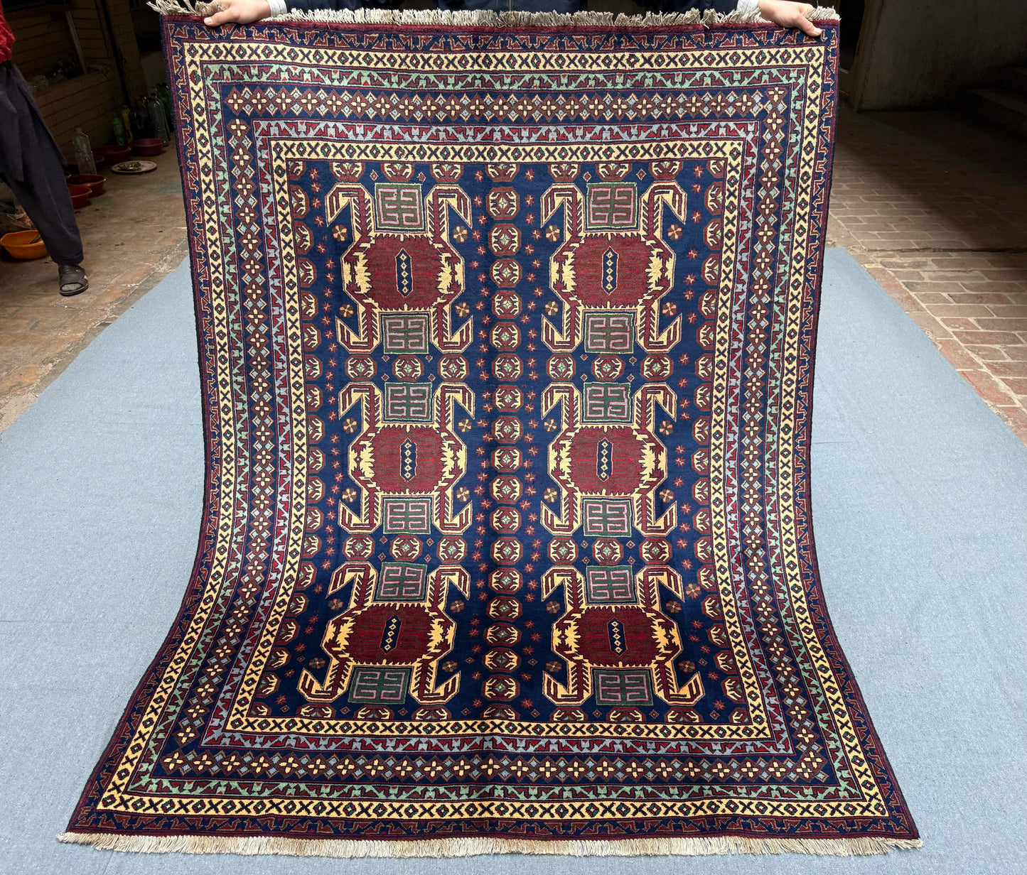 Authentic Oriental Rug–Vibrant Blue and Red Wool Rug,Handwoven Wool Carpet with Bold Tribal Patterns,Persian-Inspired Tribal Rug,Vintage rug