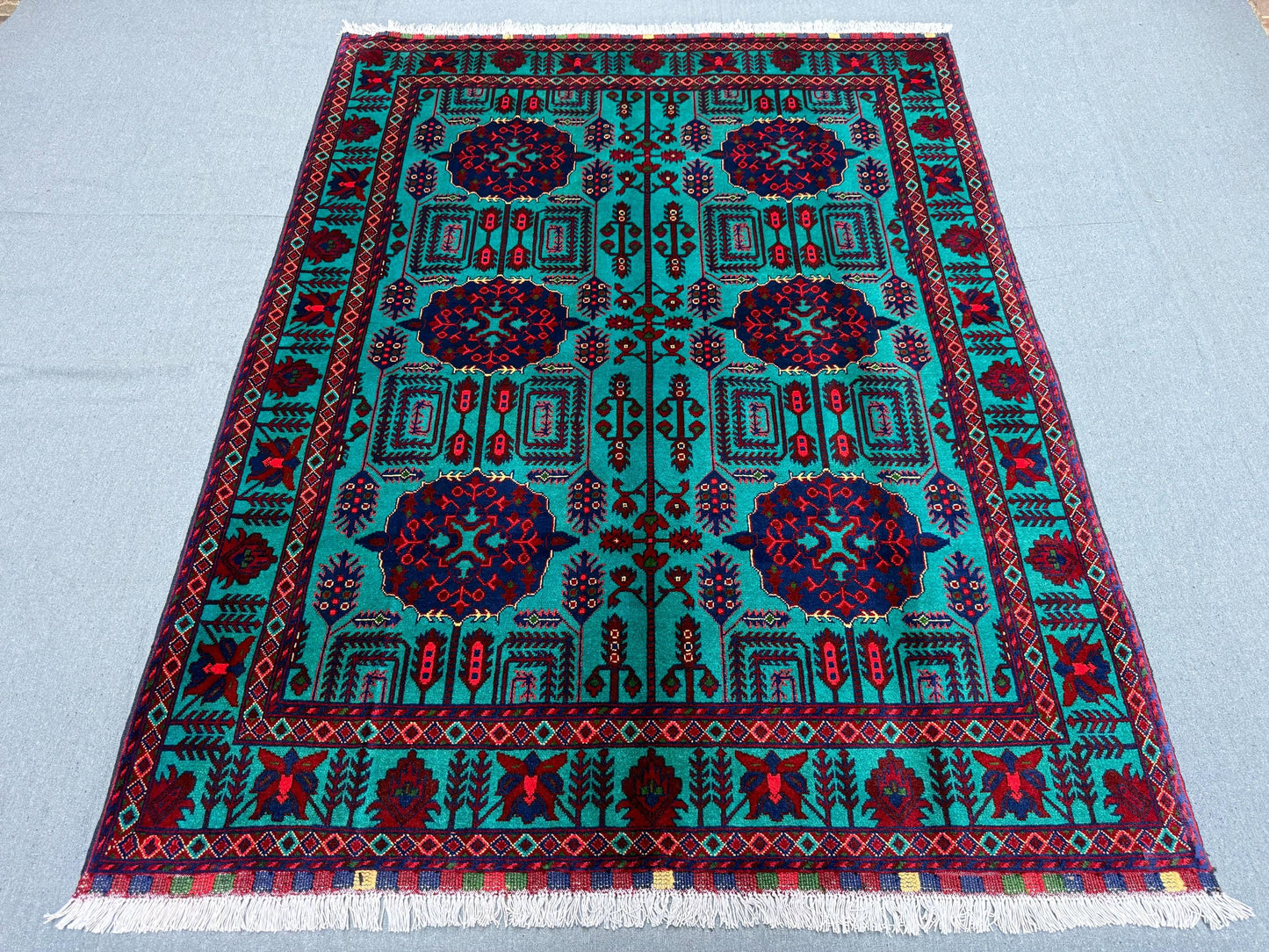 Handmade Turquoise and Red Rug,Luxurious Handmade Oriental Rug,Traditional Persian-Style Wool Rug,Afghan Living room rug,Turkish Area rug