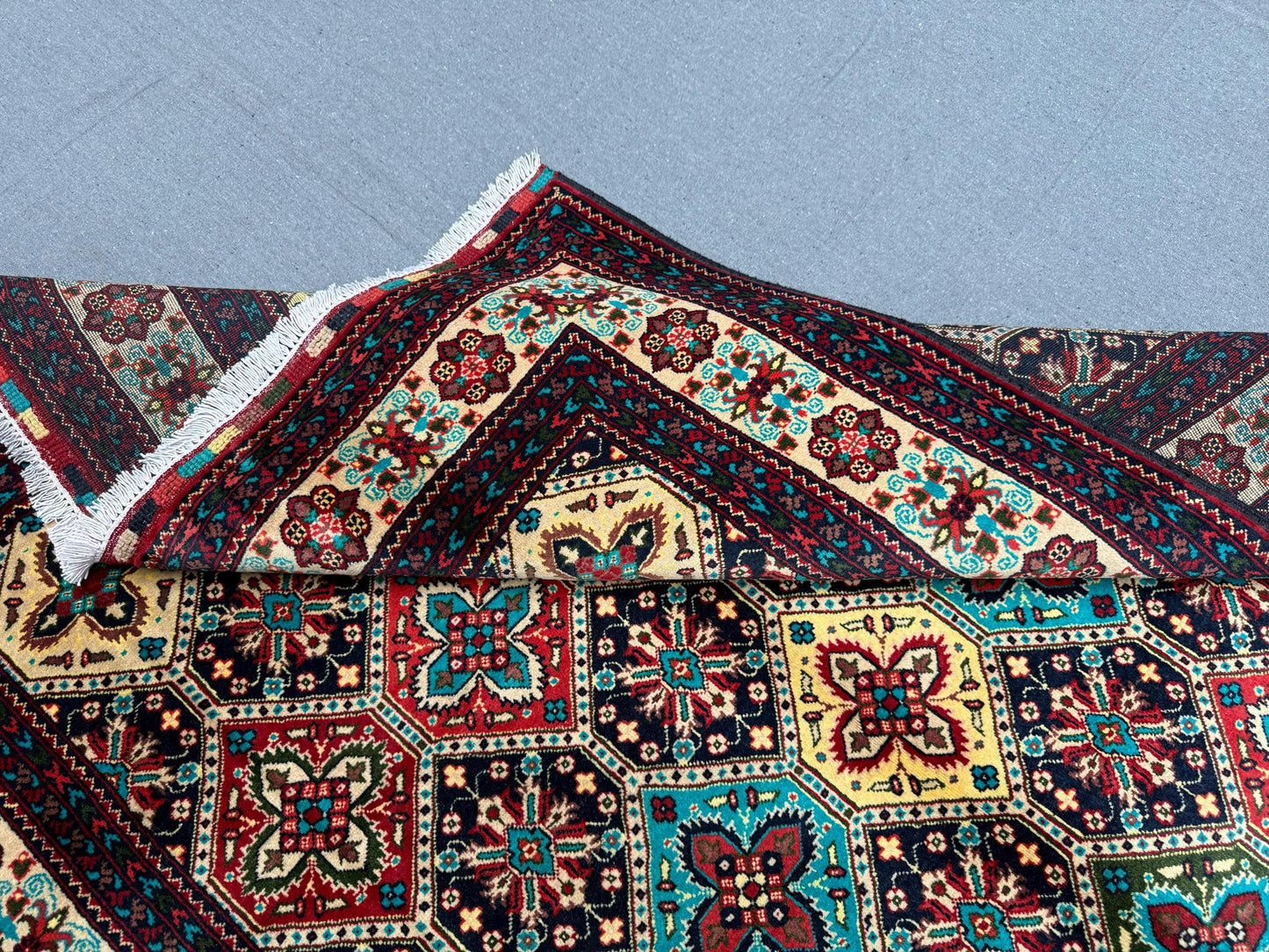 Handmade Persian-Inspired Rug –Colorful Geometric Wool Carpet,Unique Persian Style Rug–Hand-Knotted Multicolor Carpet with Geometric Details