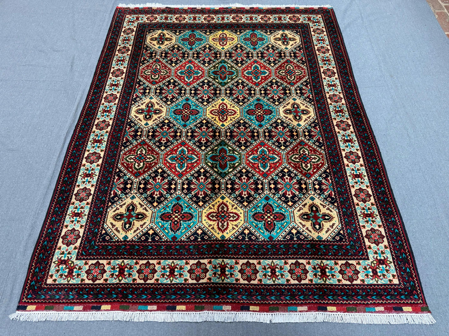 Handmade Persian-Inspired Rug –Colorful Geometric Wool Carpet,Unique Persian Style Rug–Hand-Knotted Multicolor Carpet with Geometric Details