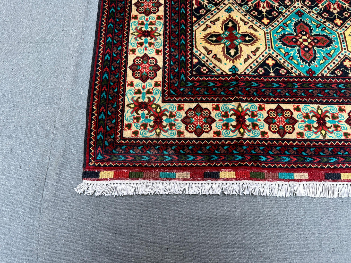 Handmade Persian-Inspired Rug –Colorful Geometric Wool Carpet,Unique Persian Style Rug–Hand-Knotted Multicolor Carpet with Geometric Details