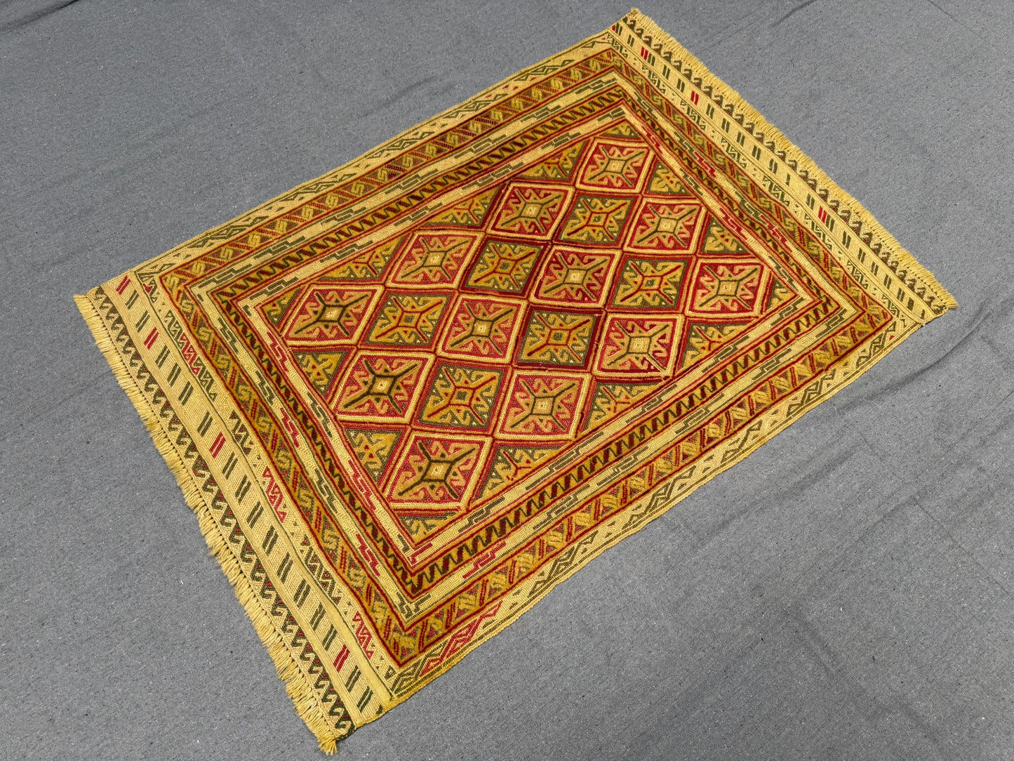 2.10 x 3.11 ft Handwoven Afghan Turkish Rug - Vintage Wool Tribal Carpet - Gold, Red & Green Geometric Oriental Rug