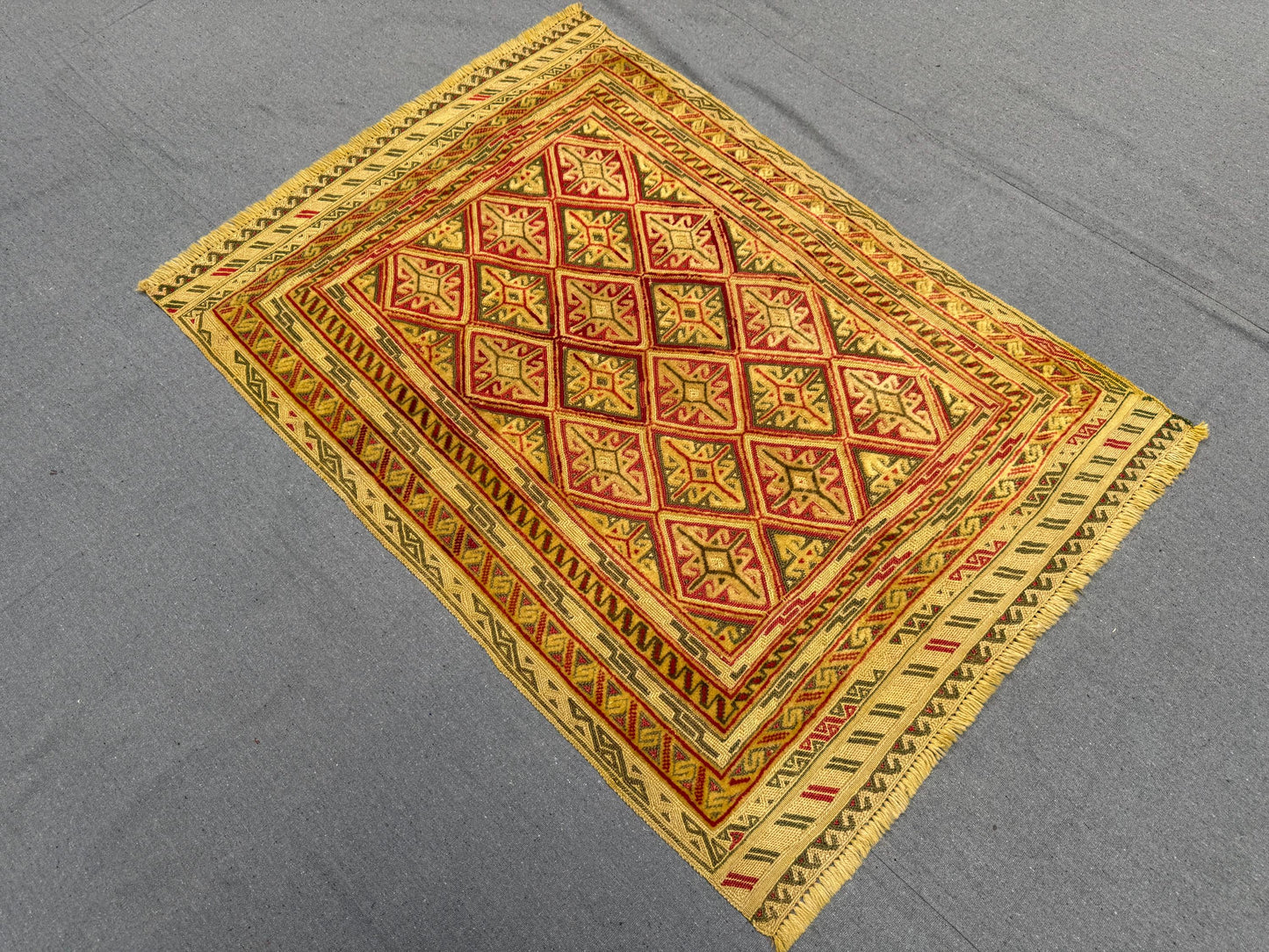 2.10 x 3.11 ft Handwoven Afghan Turkish Rug - Vintage Wool Tribal Carpet - Gold, Red & Green Geometric Oriental Rug