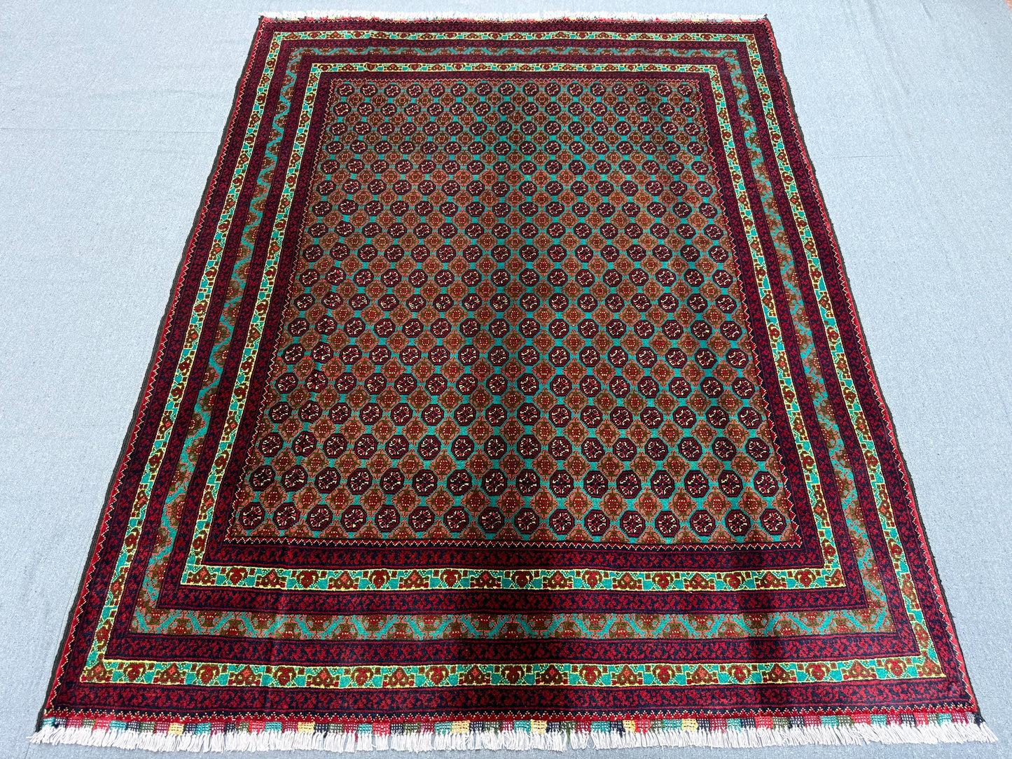 Handmade Persian-Inspired Rug–Red and Green Geometric Wool Carpet,Authentic Oriental Rug–Handwoven Wool Carpet with Intricate Floral Pattern