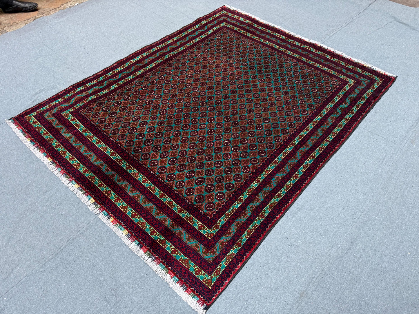 Handmade Persian-Inspired Rug–Red and Green Geometric Wool Carpet,Authentic Oriental Rug–Handwoven Wool Carpet with Intricate Floral Pattern