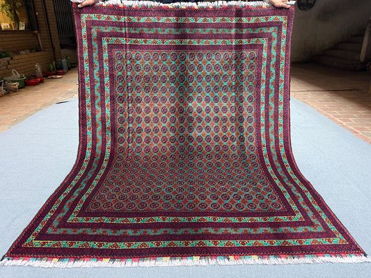 Handmade Persian-Inspired Rug–Red and Green Geometric Wool Carpet,Authentic Oriental Rug–Handwoven Wool Carpet with Intricate Floral Pattern