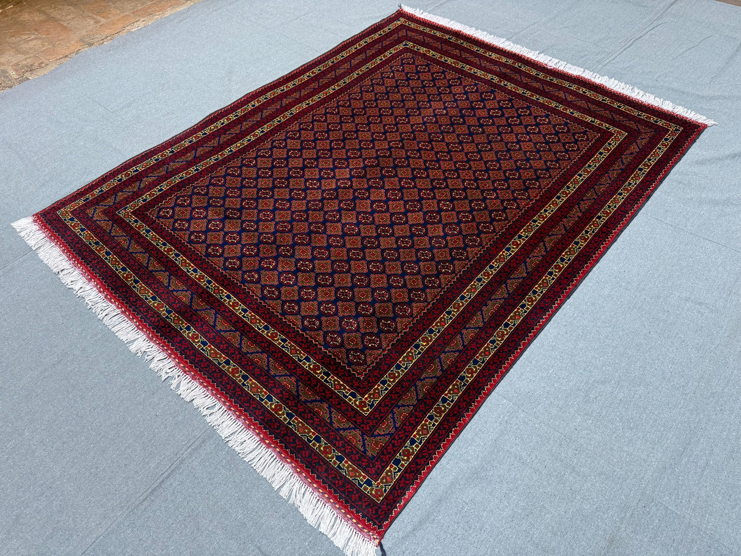 Hand-Knotted Wool Rug–Red and Blue Geometric Persian-Inspired Carpet,Handwoven Oriental Rug for Living Room,Timeless Handmade Oriental Rug