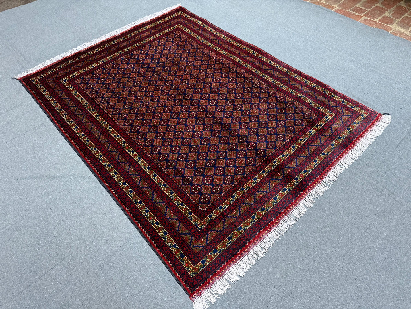 Hand-Knotted Wool Rug–Red and Blue Geometric Persian-Inspired Carpet,Handwoven Oriental Rug for Living Room,Timeless Handmade Oriental Rug