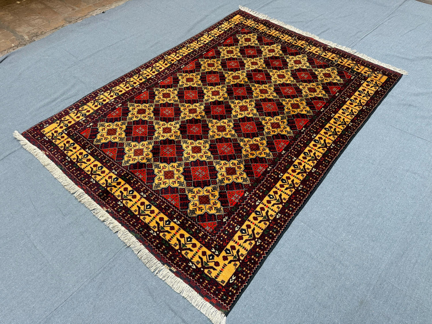 Geometric Red and Yellow Wool Rug–Handwoven Oriental Carpet for Living Room,Luxurious Persian Style Rug–Artisan Handwoven Wool Carpet.