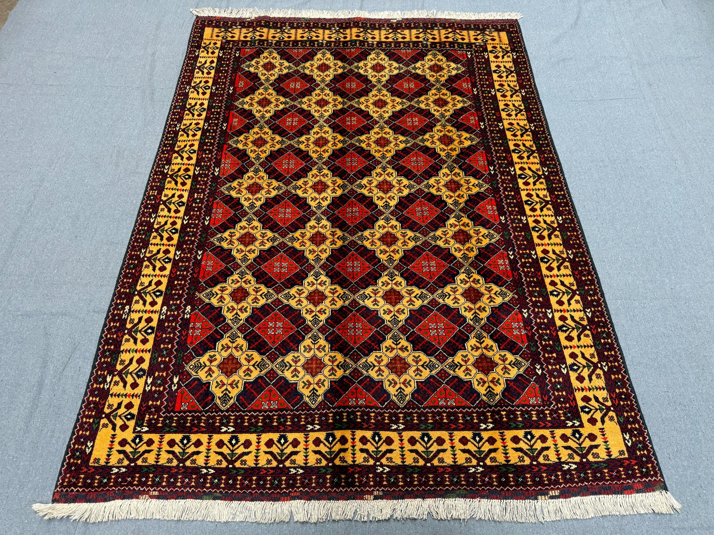 Geometric Red and Yellow Wool Rug–Handwoven Oriental Carpet for Living Room,Luxurious Persian Style Rug–Artisan Handwoven Wool Carpet.