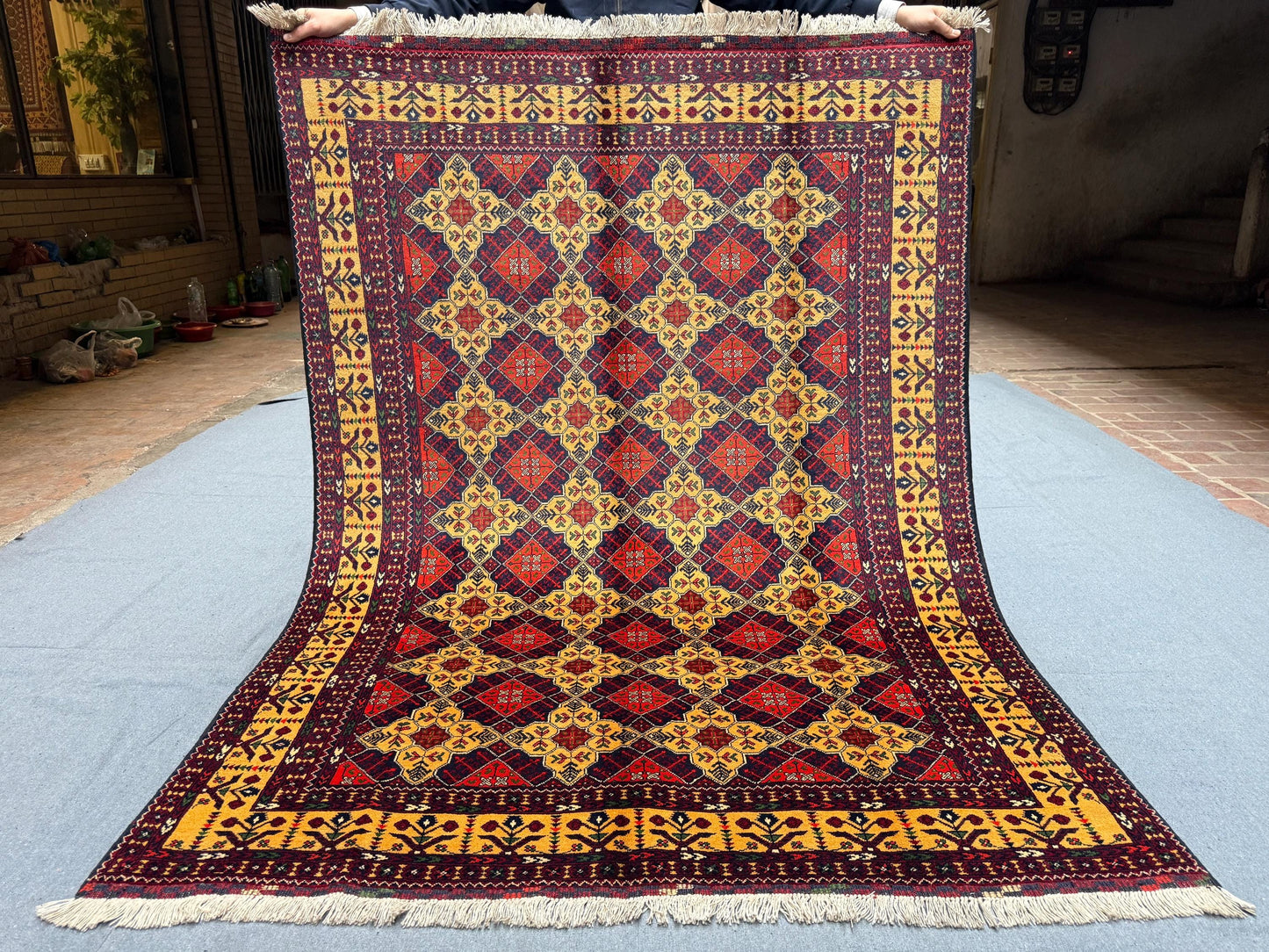 Geometric Red and Yellow Wool Rug–Handwoven Oriental Carpet for Living Room,Luxurious Persian Style Rug–Artisan Handwoven Wool Carpet.