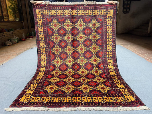 Geometric Red and Yellow Wool Rug–Handwoven Oriental Carpet for Living Room,Luxurious Persian Style Rug–Artisan Handwoven Wool Carpet.