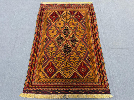 Handmade Persian Afghan Rug Vintage Wool Tribal Carpet, Geometric Nomadic Kilim, Bohemian Oriental Decor, Red & Gold Area Rug, 2.9 x 4.3 ft