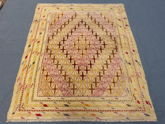 Handmade Persian Afghan Rug Vintage Wool Geometric Carpet, Nomadic Tribal Area Rug, Bohemian Oriental Decor, Soft Pastel Kilim 4.9 x 5.8 Ft