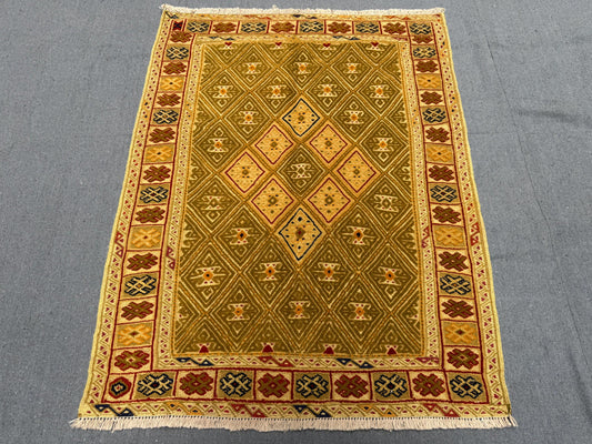 Handmade Persian Afghan Rug – Vintage Wool Tribal Carpet, Geometric Nomadic Kilim, Bohemian Oriental Decor, Olive Gold Rug, 2.10 x 3.8 Ft