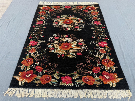 Handmade Karabakh Rug – Vintage Floral Wool Carpet, Black Caucasian Rug, Traditional Oriental Rug, Bohemian Decorative Rug, 5 x 6.9 Ft