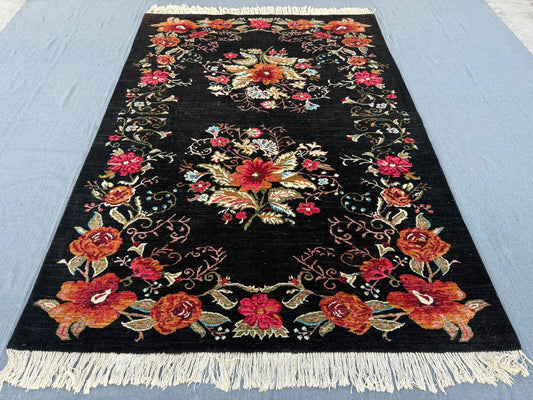 Handmade Karabakh Rug – Vintage Floral Wool Carpet, Black Caucasian Rug, Traditional Oriental Kilim, Bohemian Decorative Rug, 5.9 x 8.1 Ft