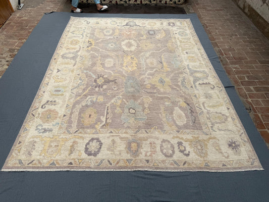 Handmade Turkish Oushak Rug 9x12 ft – Luxurious Wool Area Carpet with Soft Pastel Floral Design, Traditional Vintage-Inspired Oriental Rug