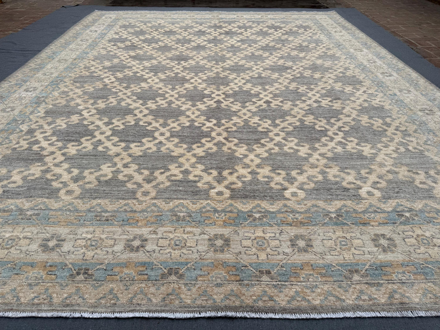 Large Turkish Oriental Rug 9.6x12.1 ft - Handmade Vintage Area Rug with Intricate Blue and Beige Pattern