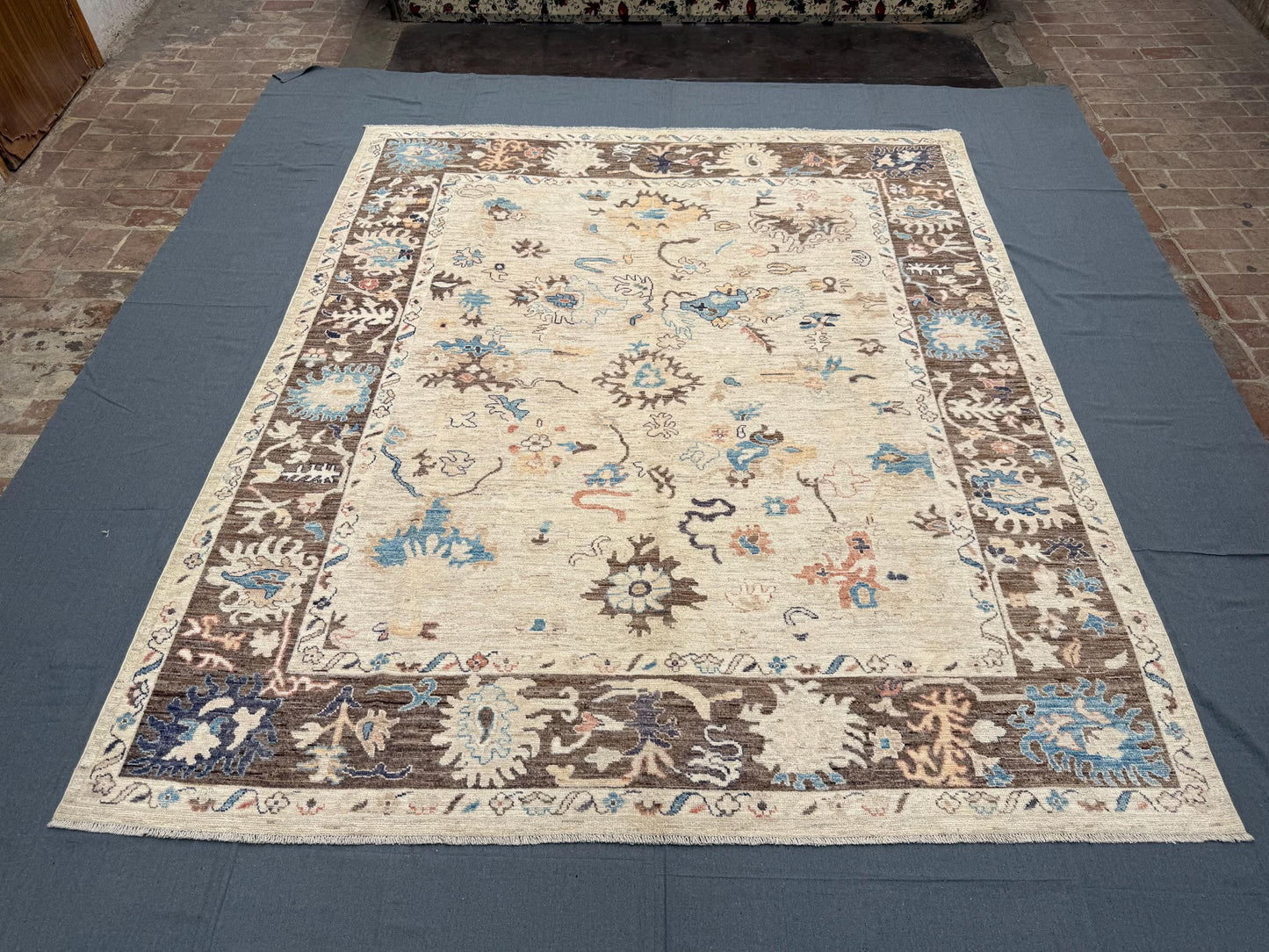 Handmade Turkish Oushak Rug 8x10 ft – Luxurious Wool Area Carpet with Blue Floral Patterns, Perfect for Living Room or Dining Area