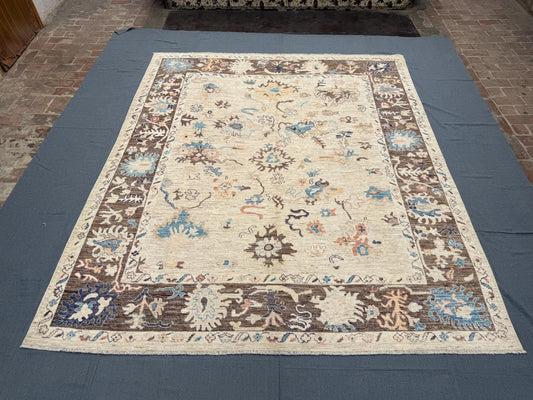 Handmade Turkish Oushak Rug 8x10 ft – Luxurious Wool Area Carpet with Blue Floral Patterns, Perfect for Living Room or Dining Area