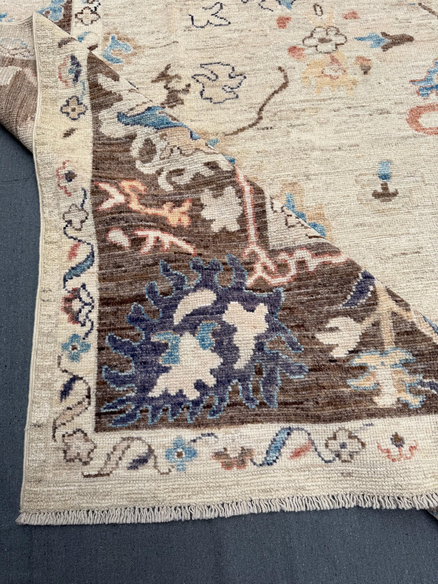 Handmade Turkish Oushak Rug 8x10 ft – Luxurious Wool Area Carpet with Blue Floral Patterns, Perfect for Living Room or Dining Area