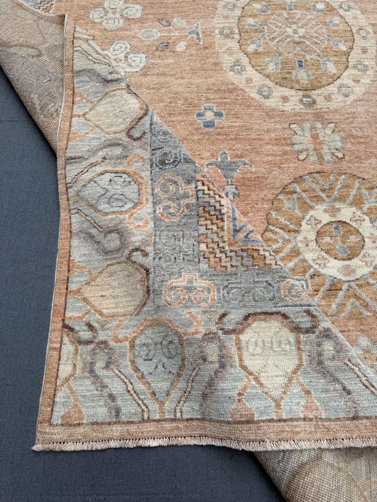 Handmade Turkish Oriental Rug 8x10 ft – Luxurious Wool Area Carpet with Earthy Peach and Blue Tones, Perfect for Living Spaces