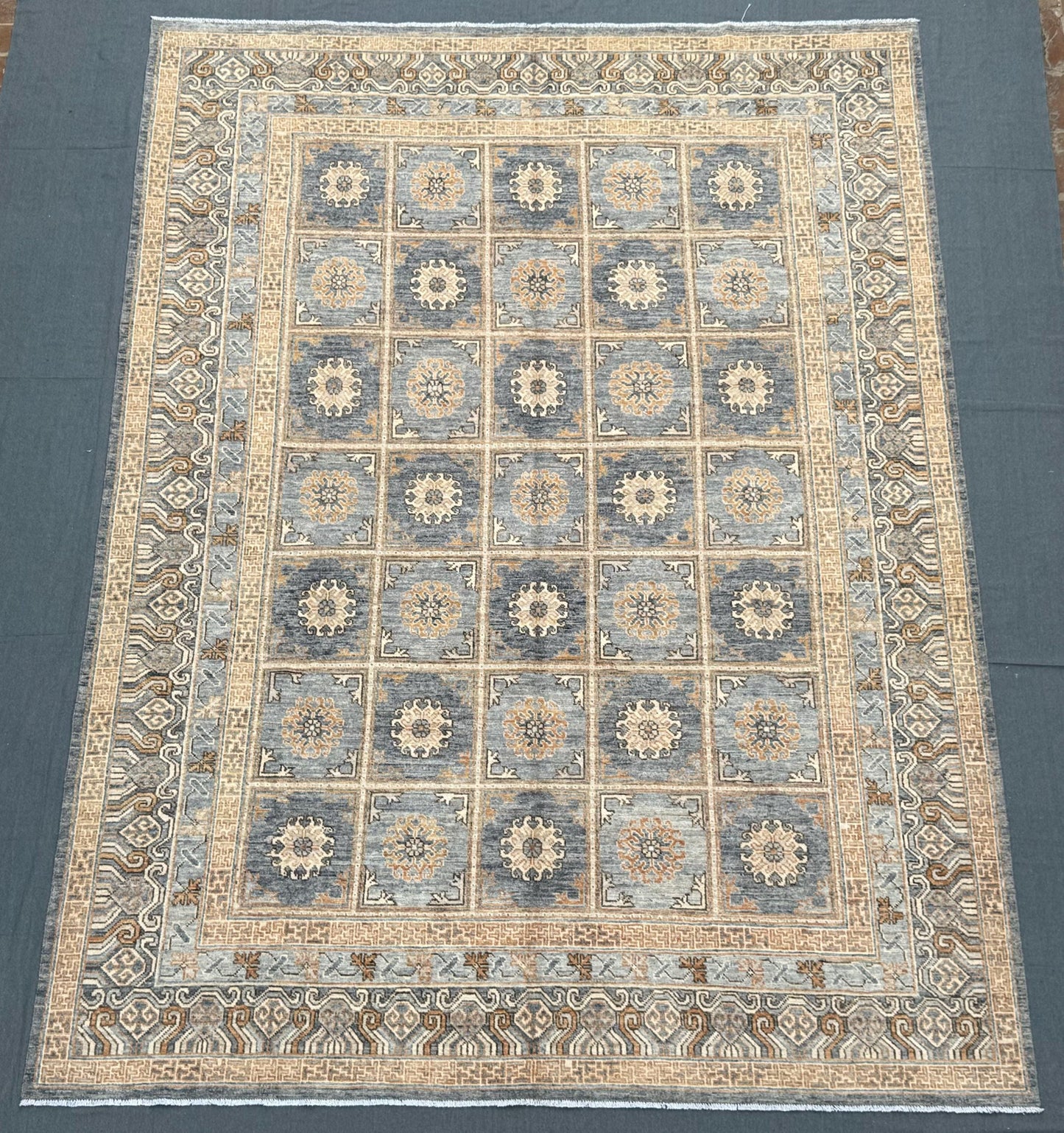 Handmade Turkish Oriental Rug 9x12 ft – Intricate Geometric Wool Carpet in Muted Blue and Beige for Elegant Living Spaces