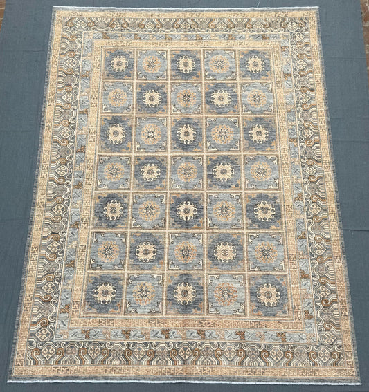 Handmade Turkish Oriental Rug 9x12 ft – Intricate Geometric Wool Carpet in Muted Blue and Beige for Elegant Living Spaces