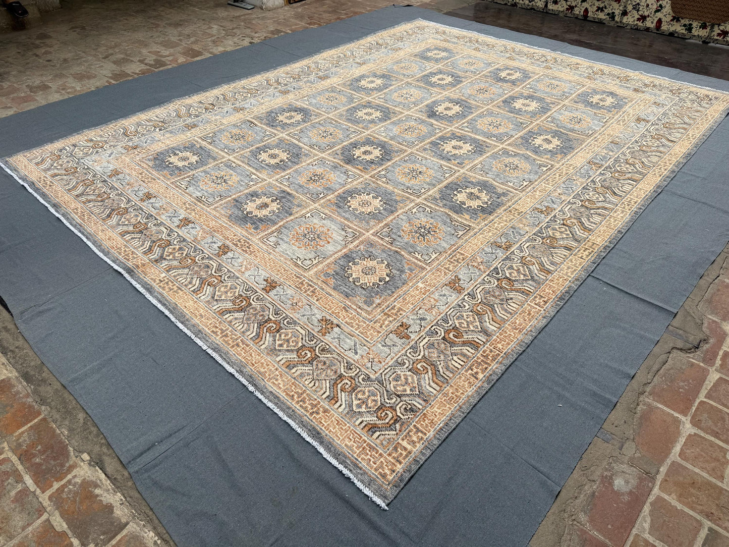 Handmade Turkish Oriental Rug 9x12 ft – Intricate Geometric Wool Carpet in Muted Blue and Beige for Elegant Living Spaces