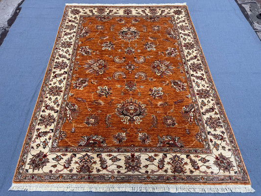 Handmade Oushak Rug Vintage Wool Turkish Carpet, Orange & Ivory Floral Design, Traditional Area Rug, Rustic Farmhouse Decor 5 x 6.9 ft