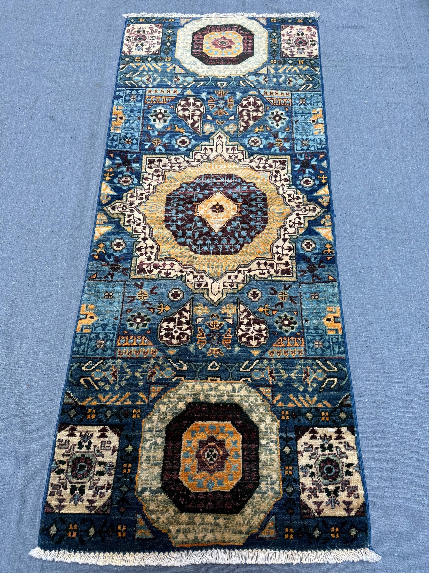 Handmade Mamluk Rug Runner - Intricate Geometric Patterns in Blue,Blue small runner rug,Small hallway rug - Unique Turkish Artisan Decor