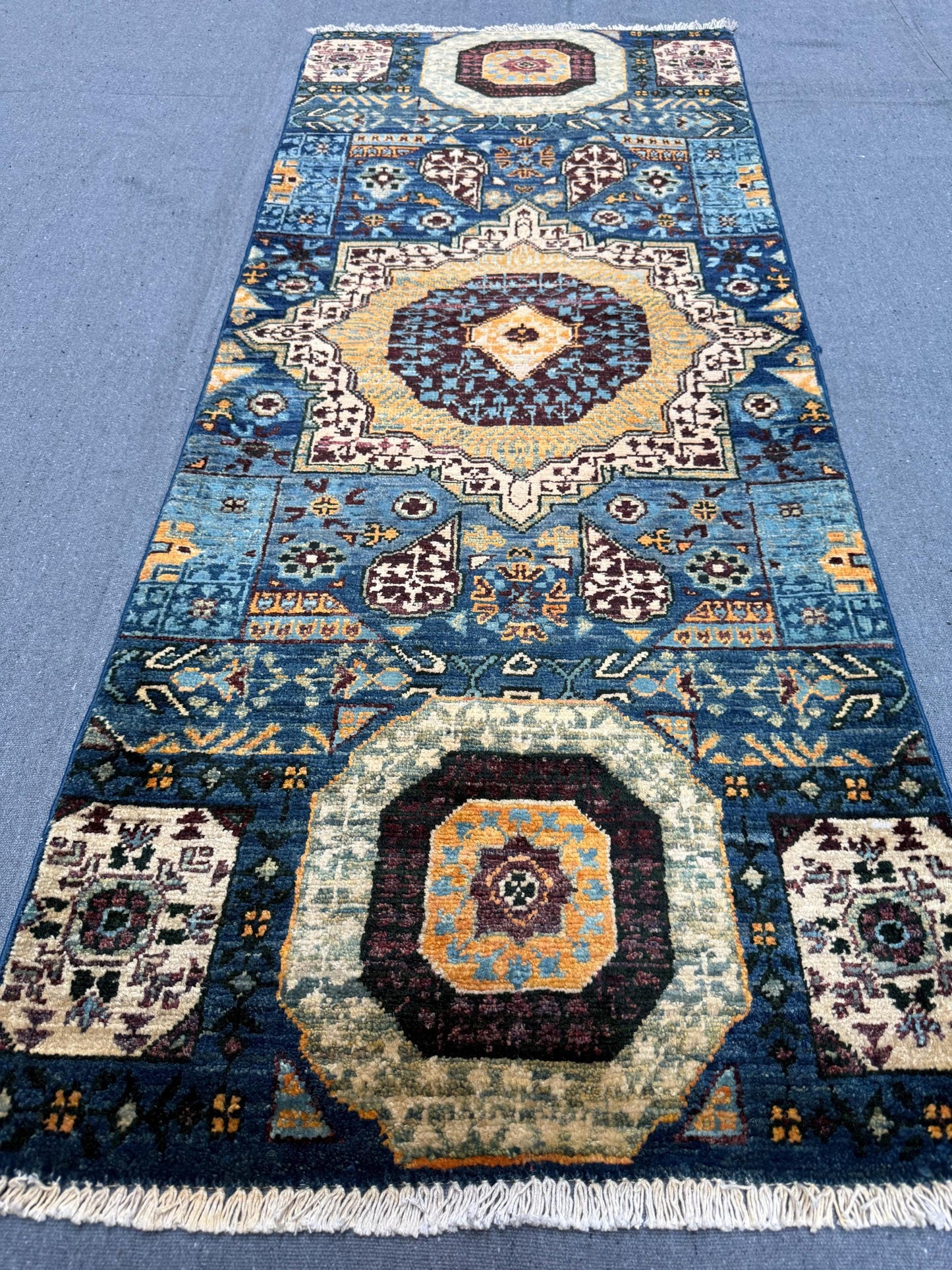 Handmade Mamluk Rug Runner - Intricate Geometric Patterns in Blue,Blue small runner rug,Small hallway rug - Unique Turkish Artisan Decor