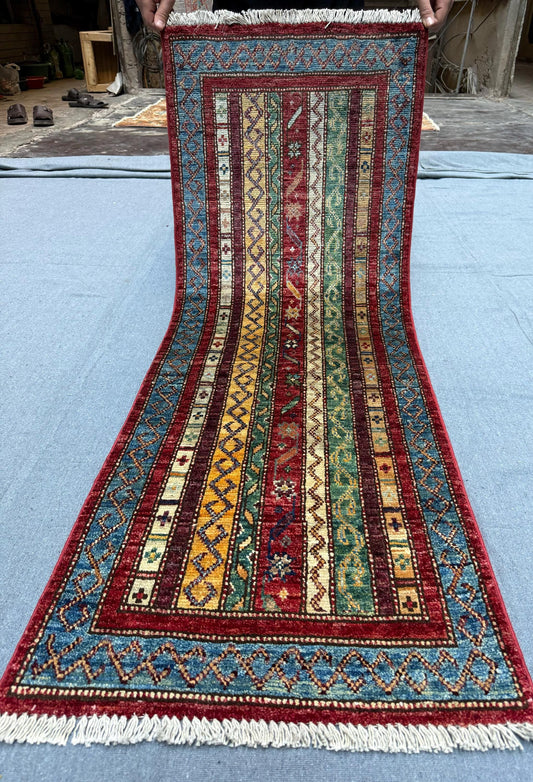 Handmade Shawl Runner Rug - Multicolored Striped Design - 1.9 x 4.10 ft, Vibrant Turkish Artisan Decor for Hallways and Compact Spaces