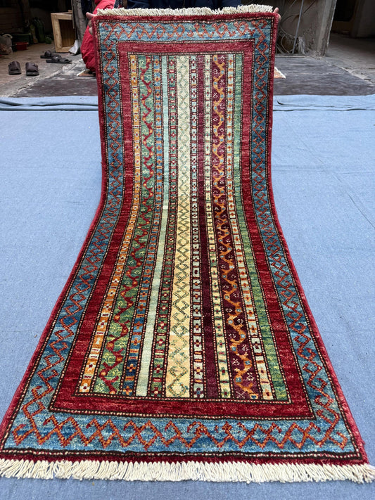 Handmade Turkish Shawl Wool Runner Rug-Striped Geometric Design, 2 x 4.10 ft -Authentic Handwoven Carpet for Hallway, Entryway & Living Room