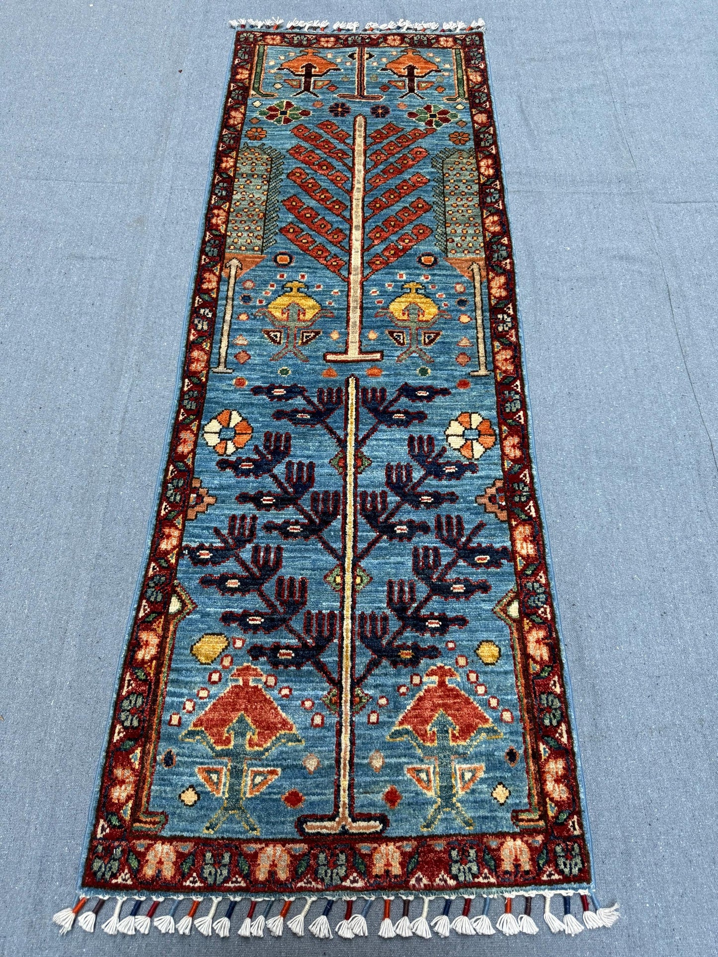 Handmade Life Tree Wool Runner Rug-Blue & Red Tribal Design, 1.10 x 5.4 ft Unique Handwoven Turkish Carpet for Hallway Entryway, Home Decor