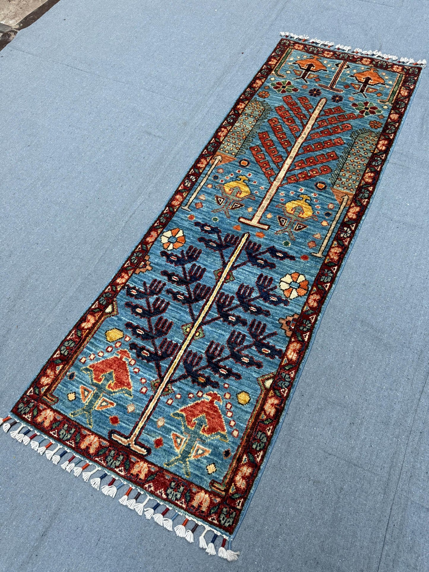 Handmade Life Tree Wool Runner Rug-Blue & Red Tribal Design, 1.10 x 5.4 ft Unique Handwoven Turkish Carpet for Hallway Entryway, Home Decor