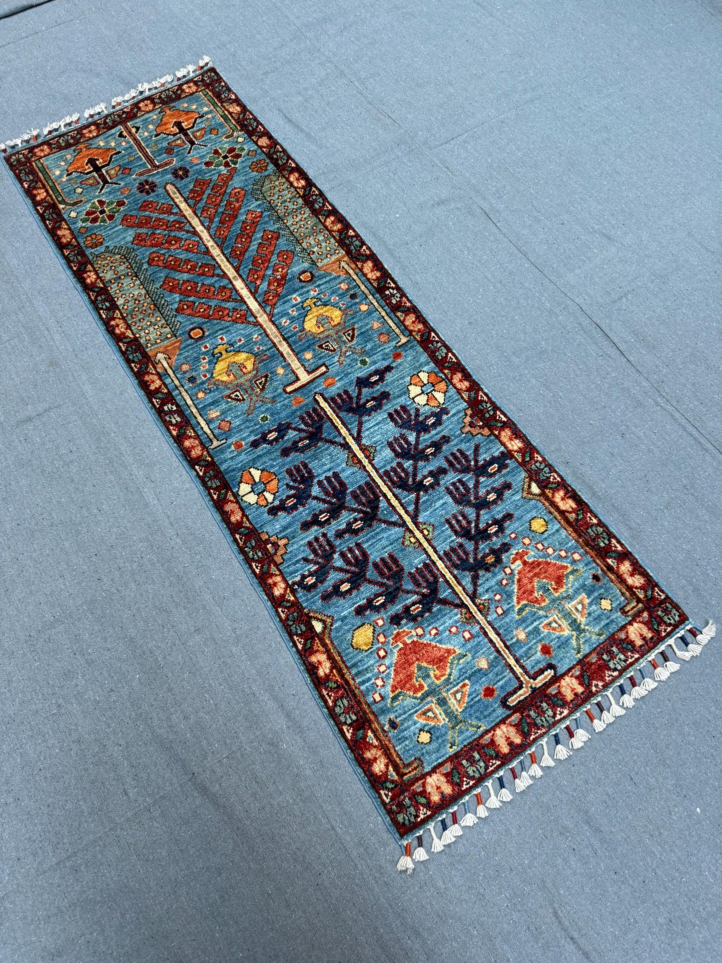 Handmade Life Tree Wool Runner Rug-Blue & Red Tribal Design, 1.10 x 5.4 ft Unique Handwoven Turkish Carpet for Hallway Entryway, Home Decor