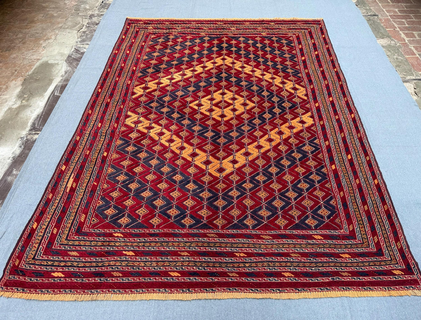 Handmade Vintage Turkmen Mushwani Rug 6.8 x 9.3 ft - Geometric Tribal Wool Carpet - Red & Navy Handwoven Afghan Area Rug for Living Room