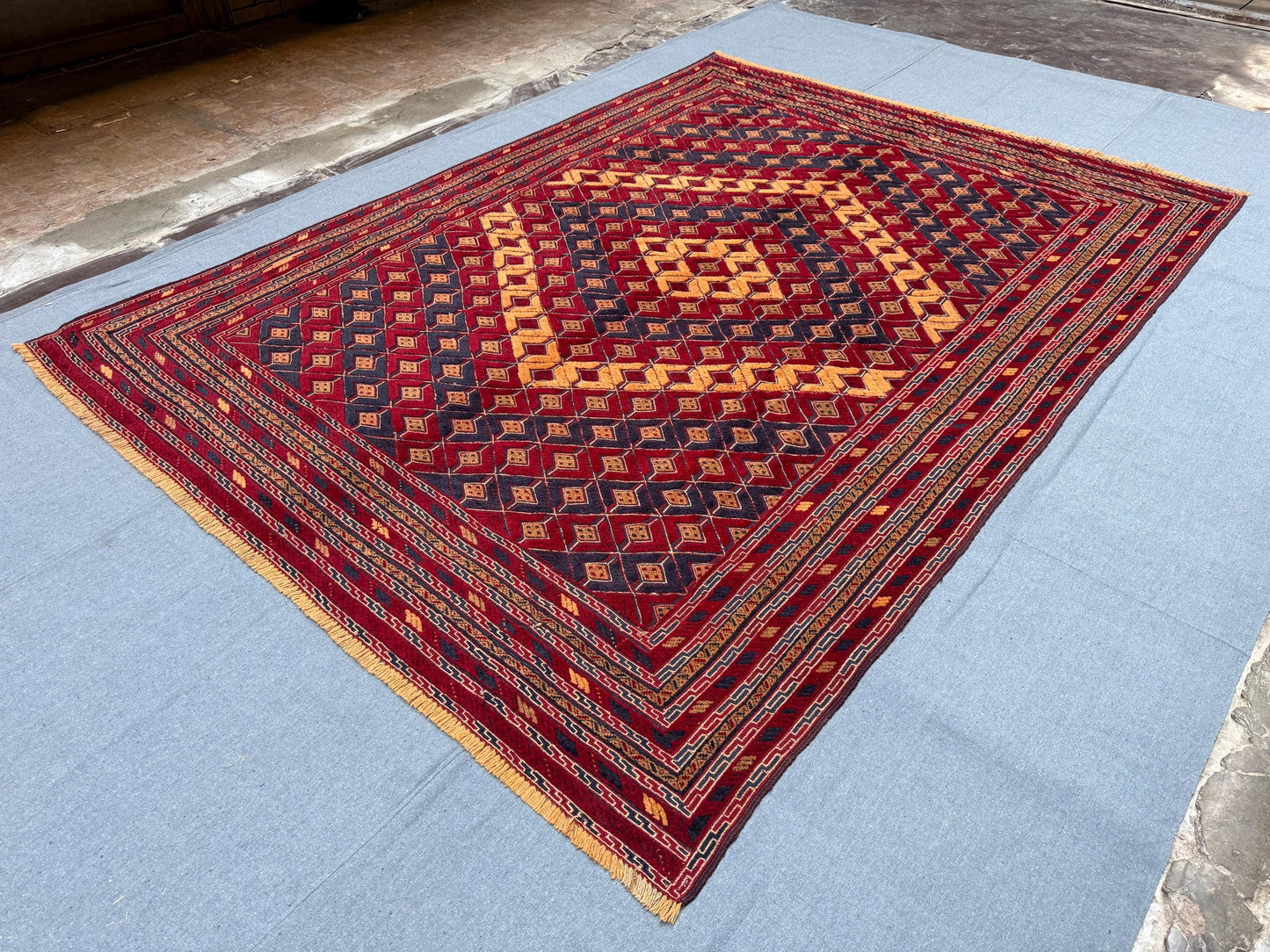 Handmade Vintage Turkmen Mushwani Rug 6.8 x 9.3 ft - Geometric Tribal Wool Carpet - Red & Navy Handwoven Afghan Area Rug for Living Room