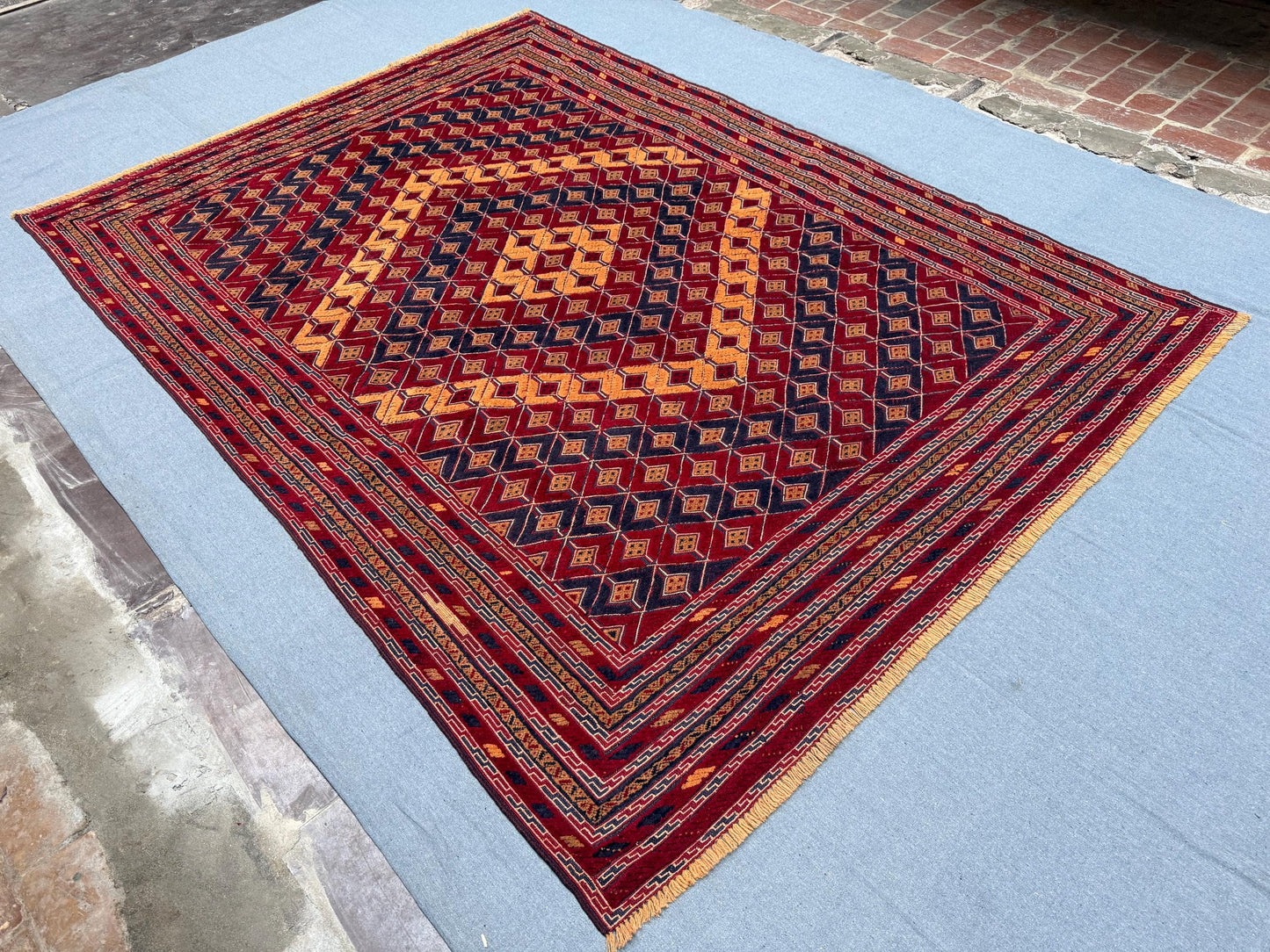 Handmade Vintage Turkmen Mushwani Rug 6.8 x 9.3 ft - Geometric Tribal Wool Carpet - Red & Navy Handwoven Afghan Area Rug for Living Room