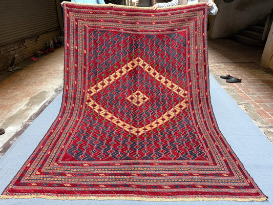 Handmade Vintage Turkmen Mushwani Rug 6'7'' x 9 ft - Afghan Tribal Wool Carpet - Red & Navy Geometric Area Rug - Handwoven Bohemian Decor