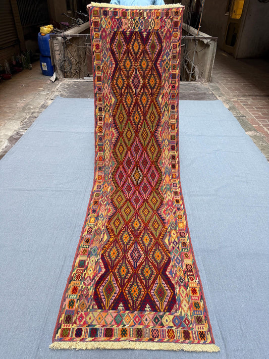 Handmade Antique Vintage Kilim Runner Rug 2.7 x 9.5 ft - Colorful Tribal Wool Carpet - Bohemian Geometric Hallway Rug - Turkish Handwoven