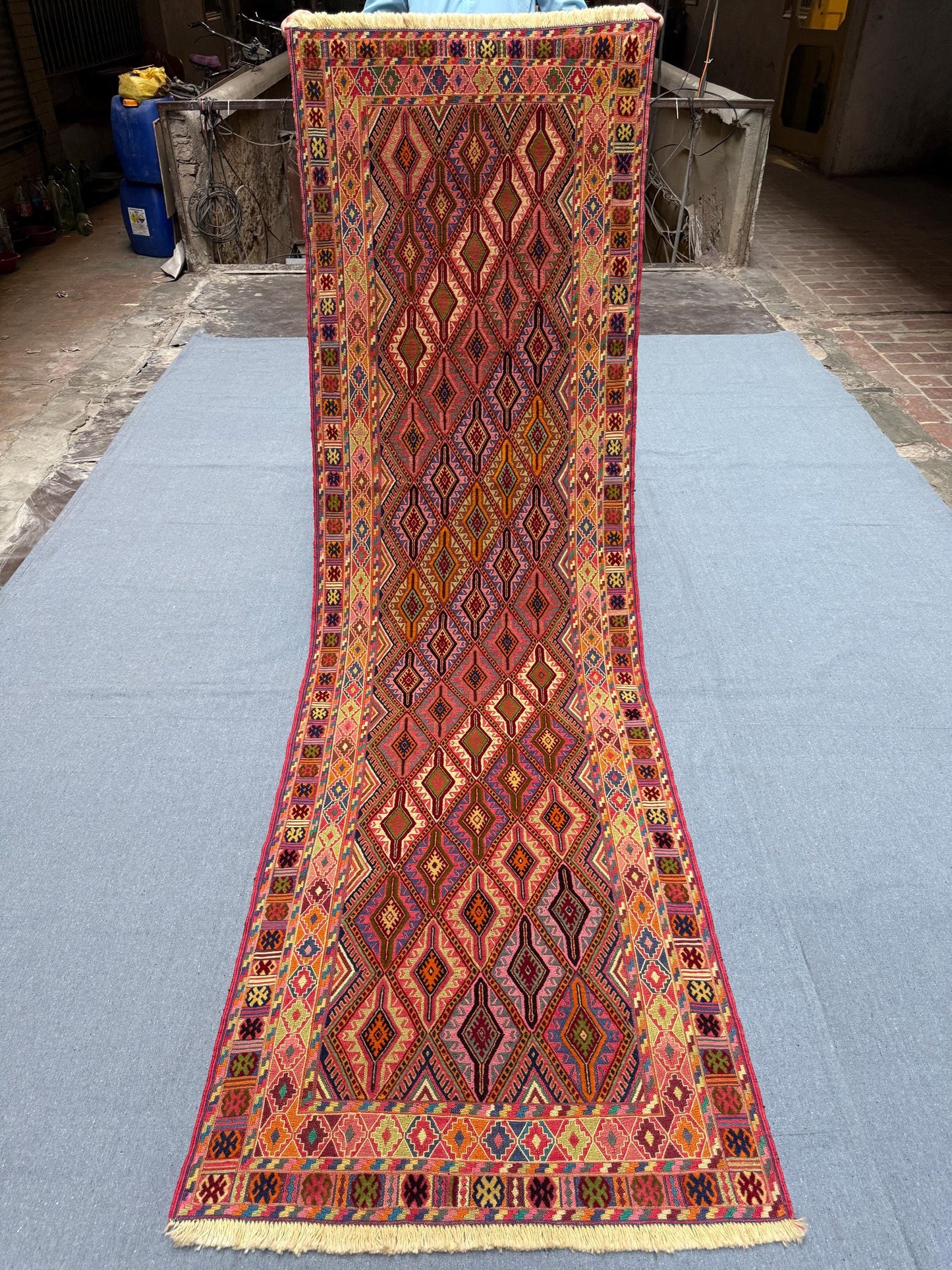 Handwoven Antique Vintage Kilim Runner Rug 2.8 x 8.11 ft - Geometric Tribal Wool Carpet - Bohemian Turkish Hallway Rug - Handmade Flatweave