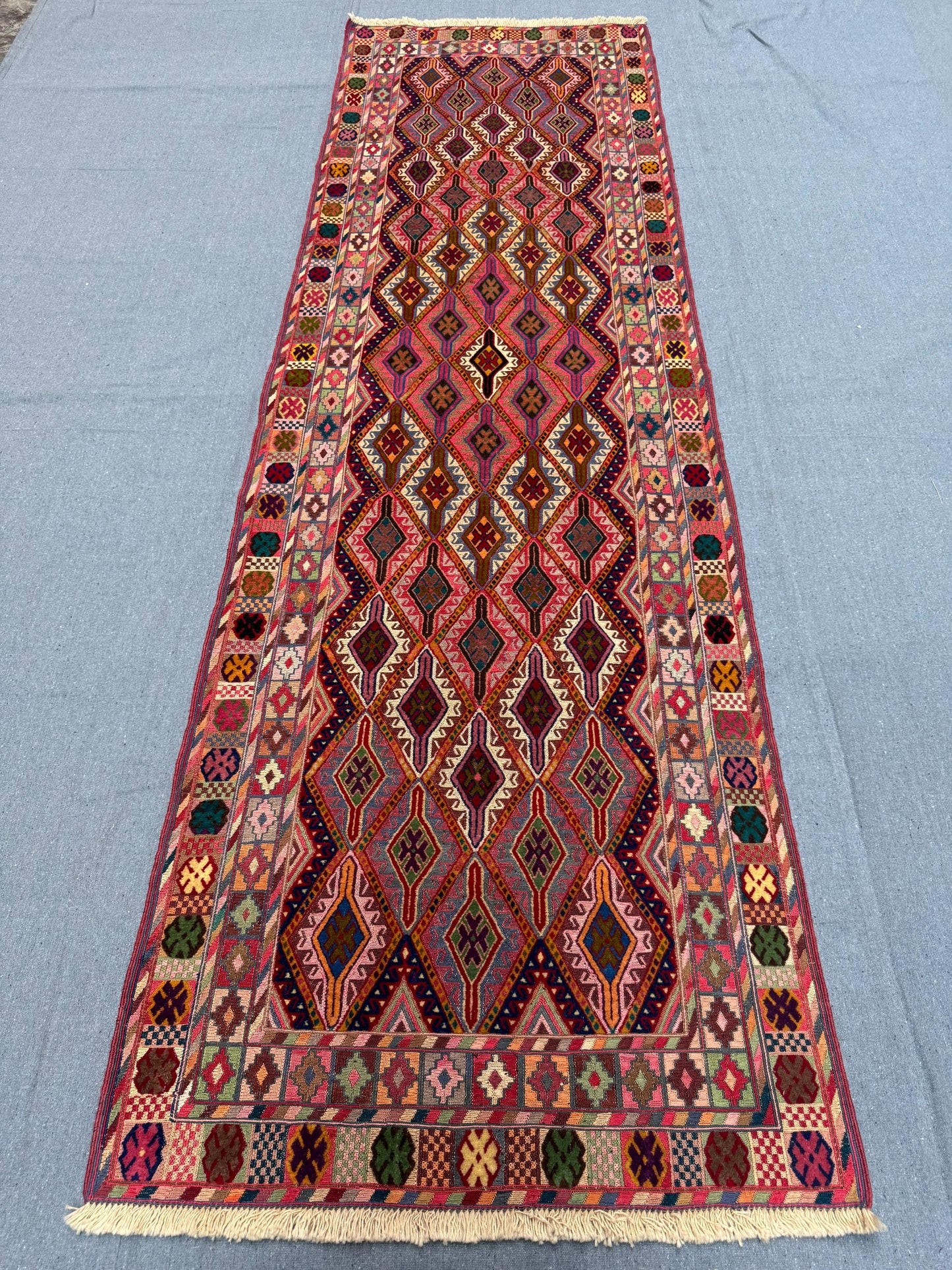 Antique Handmade Vintage Kilim Runner 2.9 x 9.3 ft - Turkish Boho Tribal Wool Rug - Handwoven Geometric Nomadic Carpet for Hallways