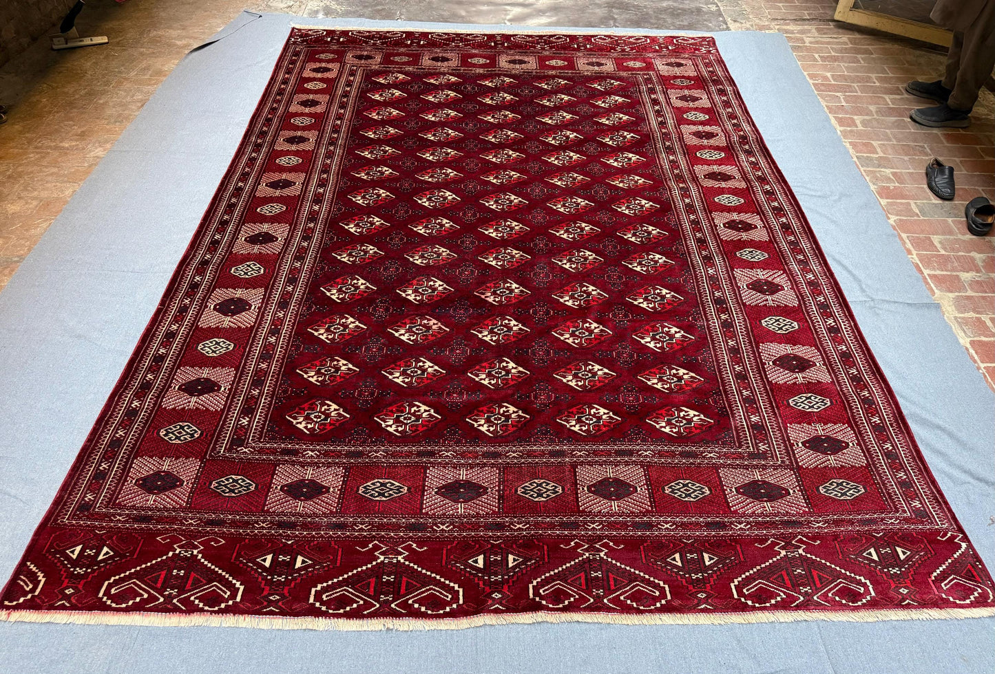 Turkmen Antique Handmade Wool Rug 8.9 x 12.5 ft - Traditional Sara Red Carpet - Vintage Tribal Geometric Oriental Area Rug