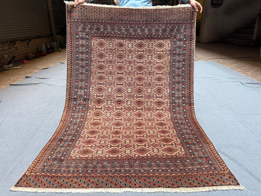 Handmade Baluchi Wool Rug 4.1 x 6.1 ft - Traditional Persian Tribal Carpet - Vintage Brown & Beige Hand-Knotted Oriental Wool Area Rug