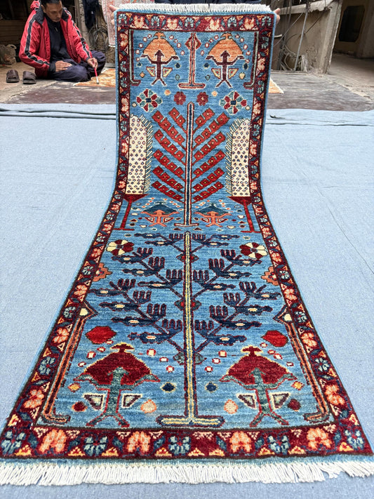 Handwoven Life of Tree Wool Runner 1.10 x 5.3 ft - Blue & Red Tribal Rug - Authentic Afghan Rug - Vintage Floral Carpet for Home Decor