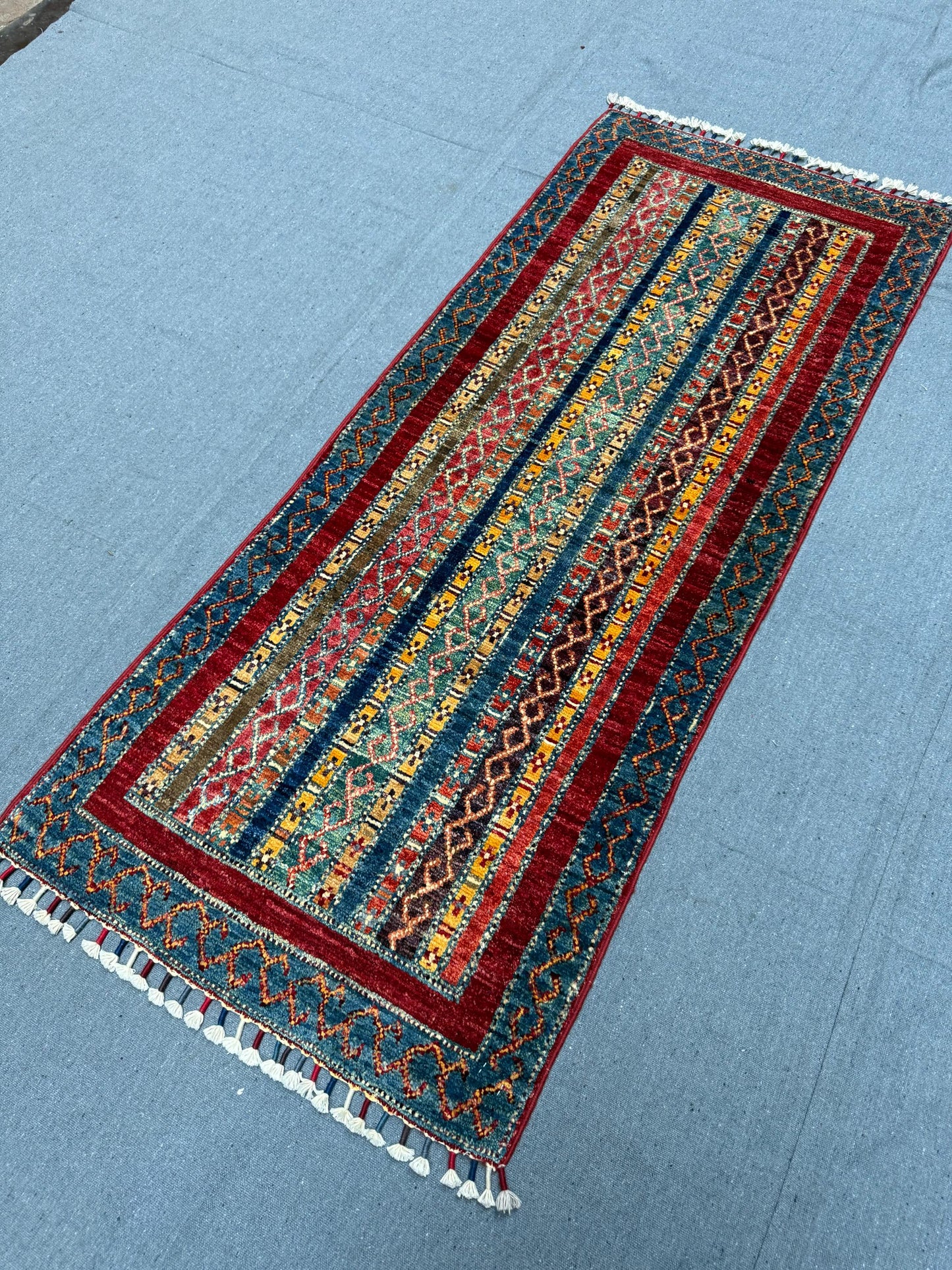 Handwoven Afghan Shawl Rug 2 x 4.9 ft - Striped Tribal Wool Runner - Bohemian Entryway Carpet - Soft Vintage Style Handmade Wool Rug