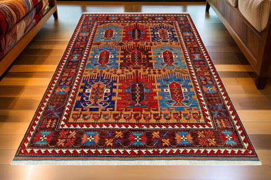 Handmade Wool Abshar Rug 5 x 8 ft - Geometric Tribal Design - Authentic Hand-Knotted Vintage Carpet - Luxury Living Room & Home Decor